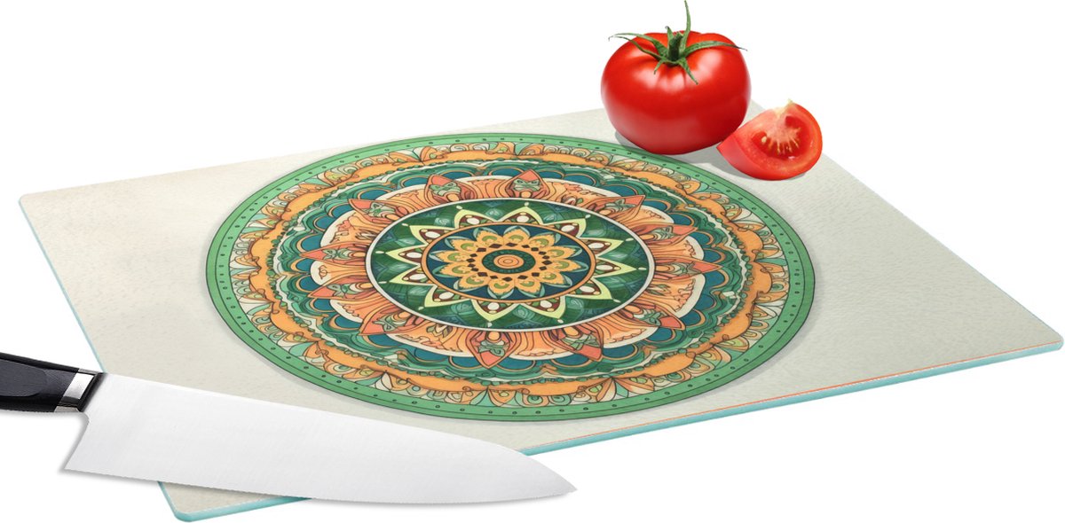 Glazen Snijplank - 39x28 - Hippie - Mandala - Groen - Boho - Bloemen - Snijplanken Glas