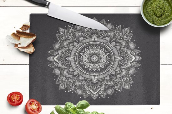 Planche à découper en Verres - 39x28 - Mandala - Zwart et blanc - Fleurs - Bohème - Nature - Planches à découper en Glas