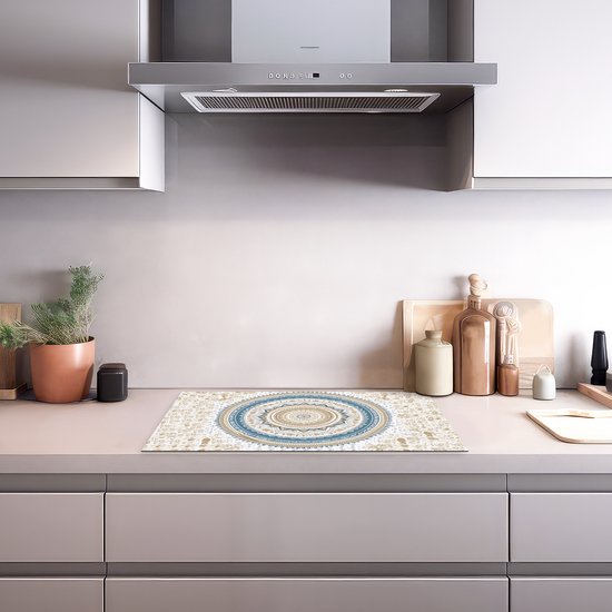 KitchenYeah® Inductie beschermer 81.6x52.7 cm - Mandala - Blauw - Bohemian - Wit - Design - Kookplaataccessoires - Afdekplaat voor kookplaat - Inductiebeschermer - Inductiemat - Inductieplaat mat