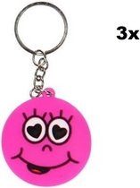 3x Sleutelhanger emoji roze - Smiley 4cm - Sleutel hanger emoticon uitdeel themafeest verjaardag emoji fun