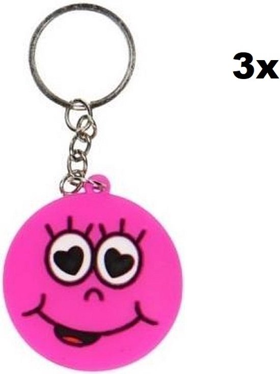 3x Sleutelhanger emoji roze Smiley 4cm Sleutel hanger emoticon