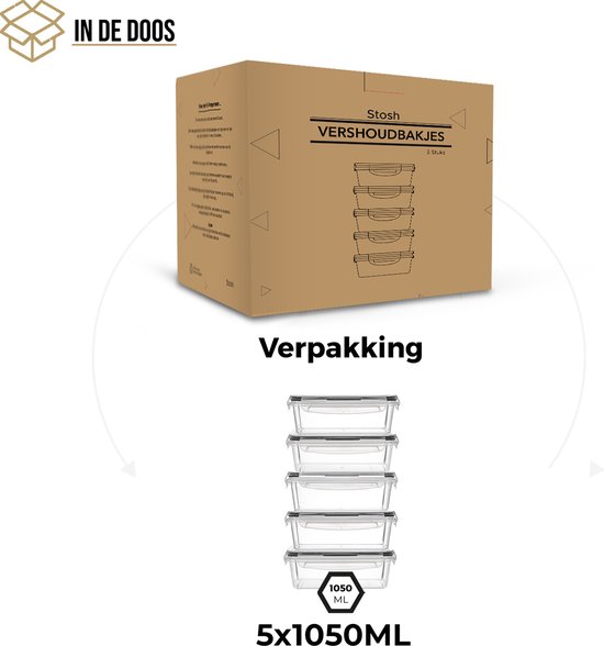 Boîtes de conservation - Conteneurs de Prep de repas - Boîte à lunch - Conteneurs pour congélateur - Conteneur alimentaire - 5 Pièces - 1050ML - Sans BPA - Stosh