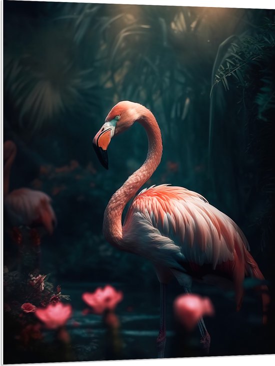 PVC Schuimplaat- Exotische Roze Flamingo in het Water bij Roze Lelies - 75x100 cm Foto op PVC Schuimplaat