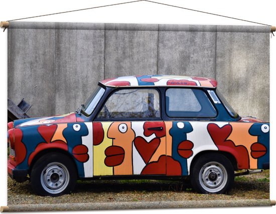 Textielposter - Versierde Auto met Kleurrijke Gezichten - 120x80 cm Foto op Textiel