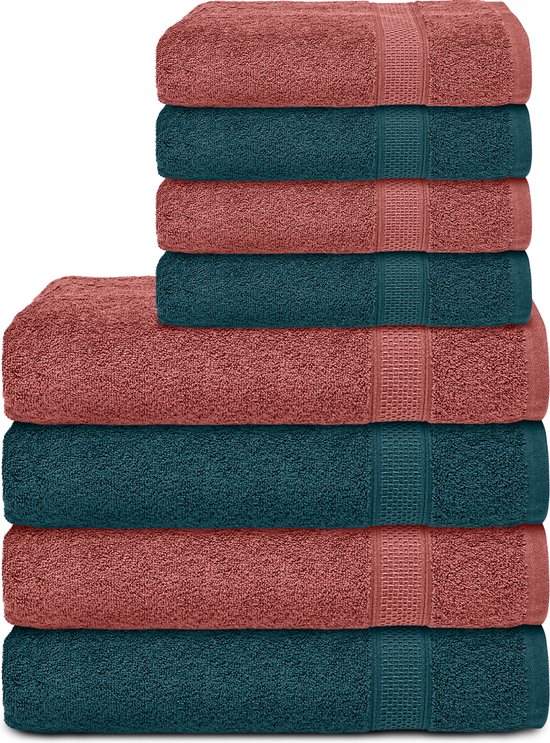 Komfortec Handdoekenset 4x badhanddoek 70x140 cm + 4x handdoek 50x100 cm - 100% Katoen - Petroleumblauw&Baksteenrood