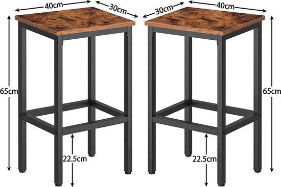 Set van 2 barkrukken - met stabiel stalen frame - hoogte 65 cm - rond - vintage bruin