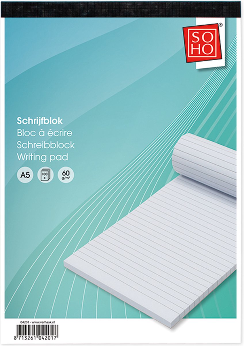 SOHO Schrijfblok met lijnen – Collegeblok – Notitieblok – Lijntjespapier – Gelinieerd – 100 vellen – A5 formaat