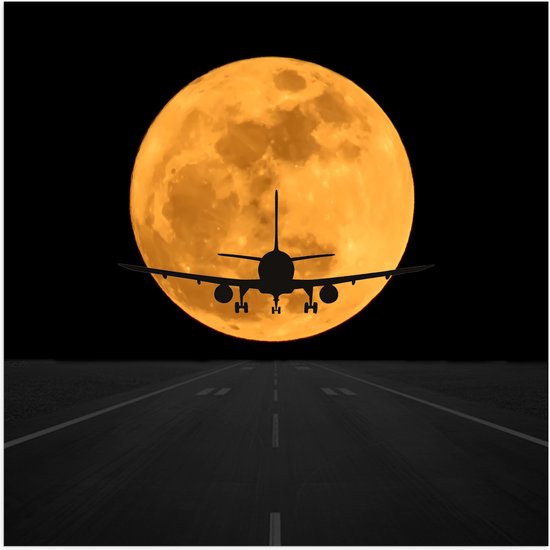 Poster Glanzend – Vliegtuig Vliegend naar Maan met Oranje Gloed - 80x80 cm Foto op Posterpapier met Glanzende Afwerking