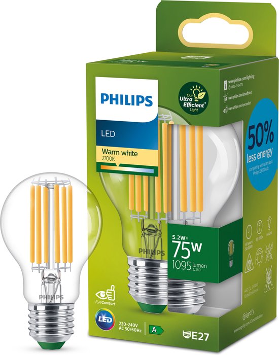Philips Ampoule, 5,2 W, 75 W, E27, 1095 lm, 50000 h, Blanc chaud