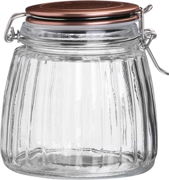 Bocal en verre de 1L à côtes verticales, avec couvercle couleur cuivre et fermeture à bascule.