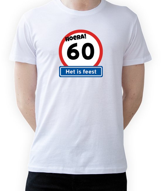 T-shirt Hoera 60 jaar|Fotofabriek T-shirt Hoera het is feest|Wit T-shirt maat M| T-shirt verjaardag (M)(Unisex)