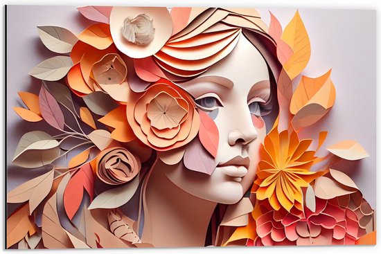 Dibond - Vrouwen Gezicht met Papieren Bloemen en Bladeren - 60x40 cm Foto op Aluminium (Wanddecoratie van metaal)