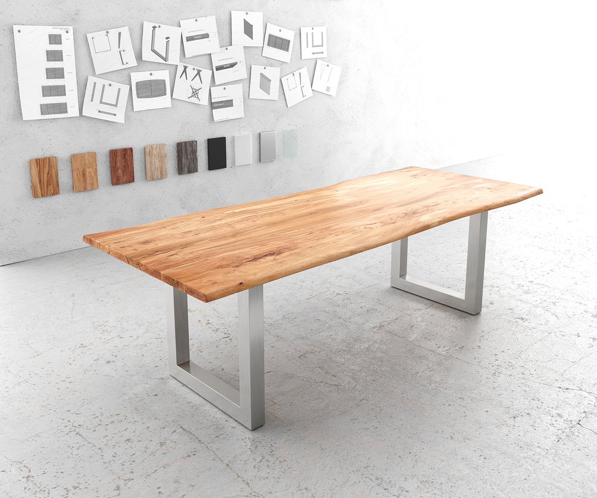DELIFE Eettafel Edge acacia natuur 240x100 edelstaal breed Live-Edge Bruin