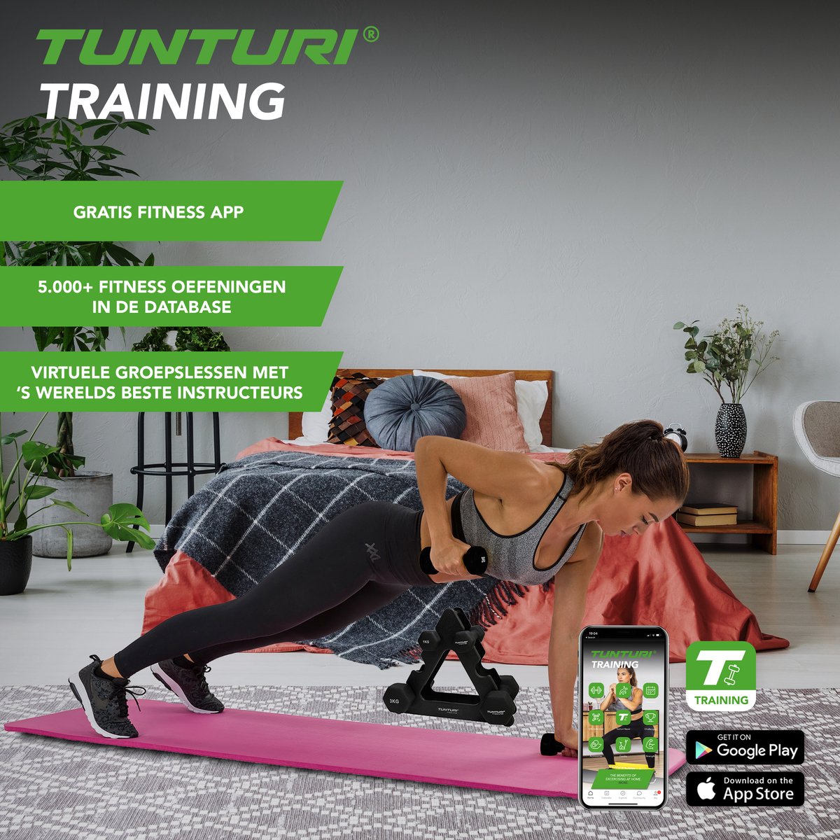 Tunturi Gewichten - Halterset - Dumbbell Set - Neopreen Dummbbells - 1 t/m 3kg - 3 Paar - Incl. gratis fitness app – foto 4