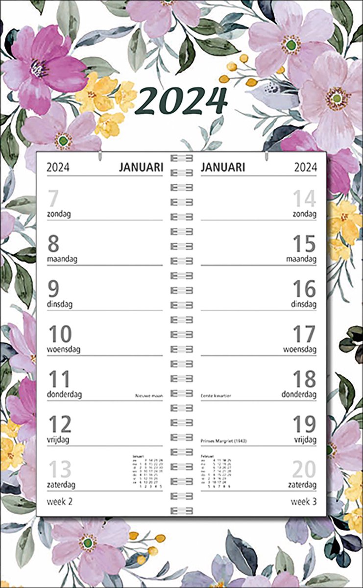 MGPcards - Omlegweekkalender 2024 - Week begint op Zondag - Bloemen - Pastel Lila