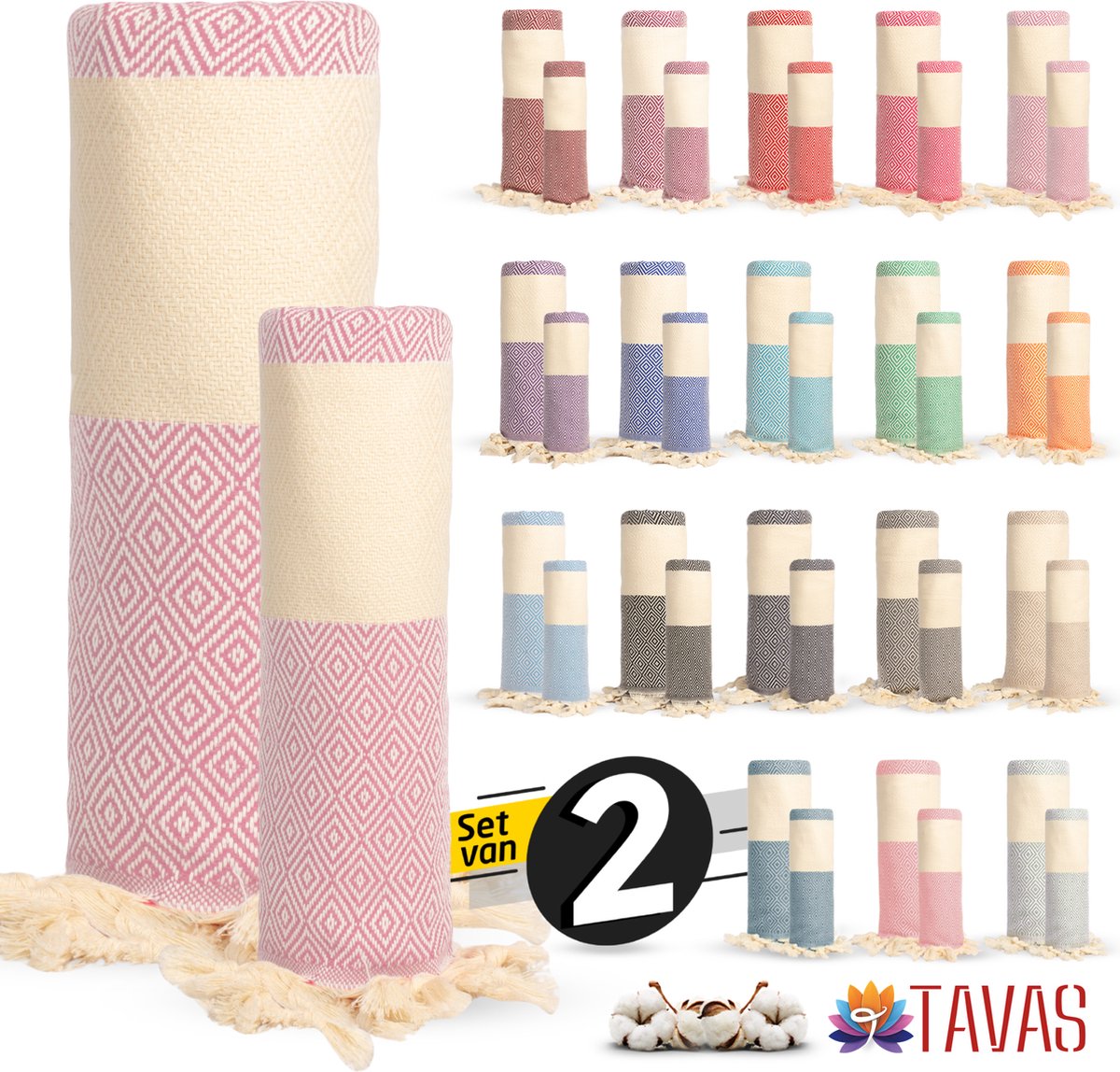 Rome Set van 2 | Hamamdoek 100x180 cm en Handdoek 50x90 cm 100% Katoen Spa Backpack Sauna Strandlaken Lichtroze