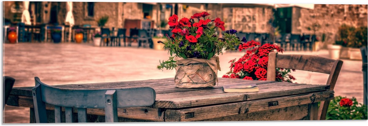 Acrylglas - Tafel - Pleintje - Bloemen - Stoelen - Parasol - Kleuren - 90x30 cm Foto op Acrylglas (Wanddecoratie op Acrylaat)