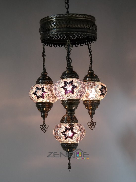 Lampe Turque - Suspension - Lampe Mosaïque - Lampe Marocaine - Lampe Orientale - ZENIQUE - Authentique - Handgemaakt - Lustre - Violet - 4 Ampoules