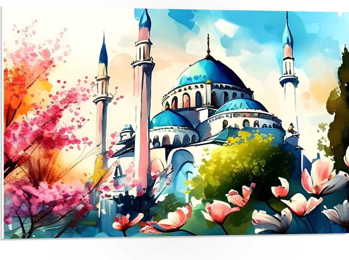 PVC Schuimplaat- Waterverf Tekening van Blauw met Witte Moskee - 75x50 cm Foto op PVC Schuimplaat