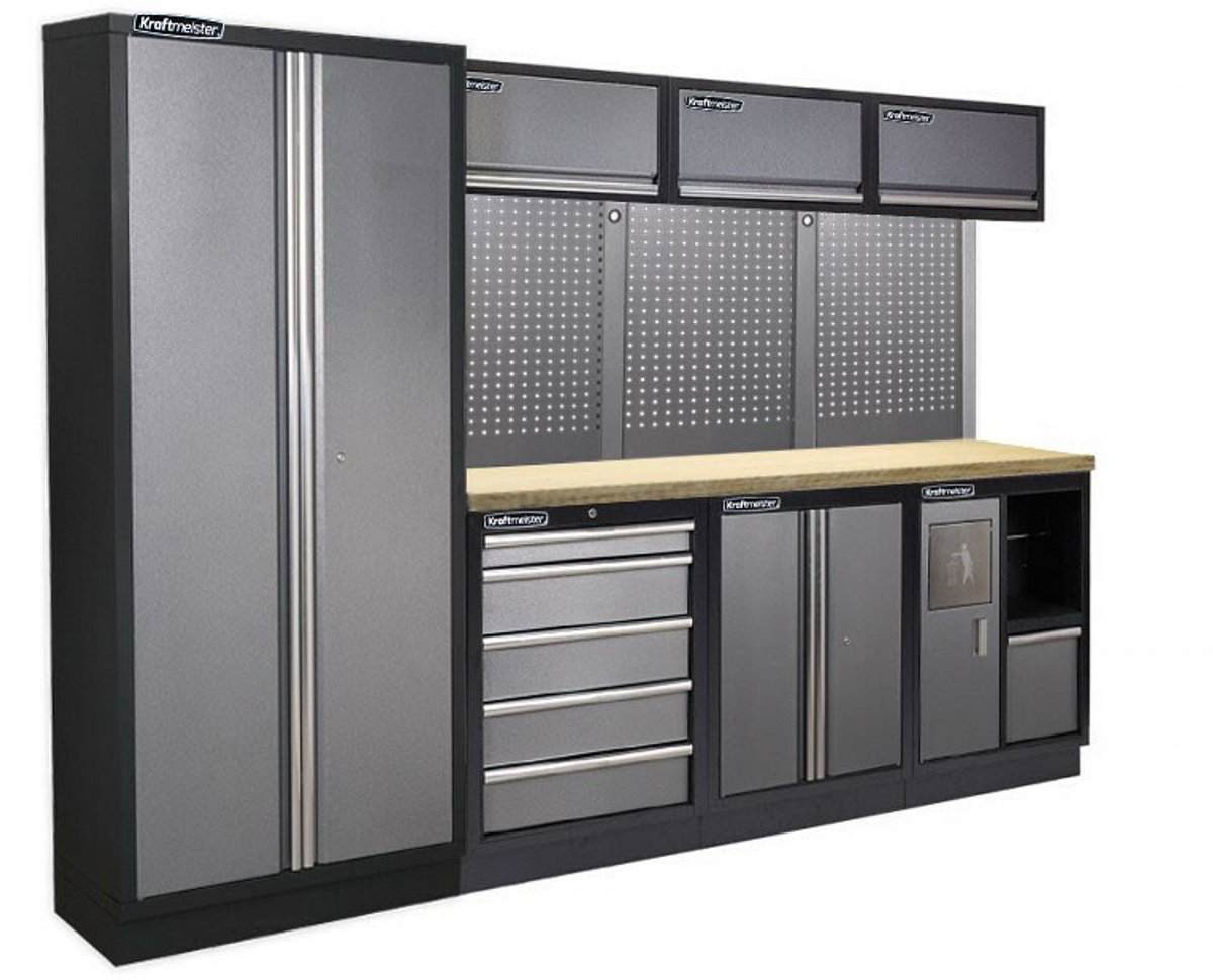 Kraftmeister werkplaatsinrichting - Werkbank met 3 wandkasten, 1 werkplaatskast, 1 opbergkast, 1 prullenbak en multiplex werkblad - Werktafel met 5 laden en gereedschapswand - Complete set voor werkplaats of garage - Grijs