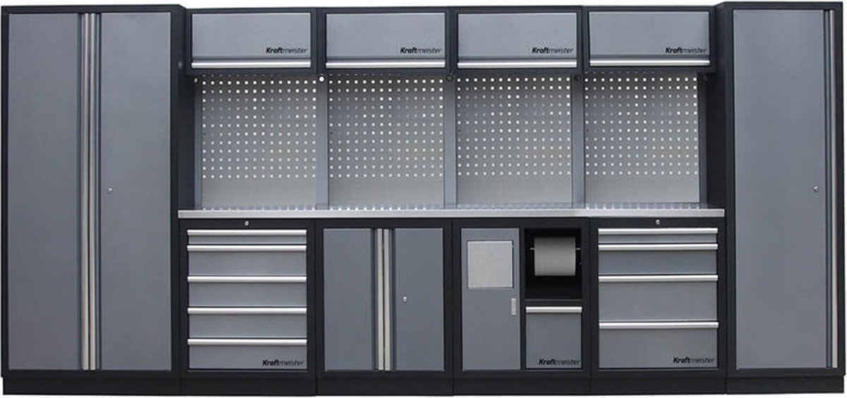 Kraftmeister werkplaatsinrichting - Werkbank met 4 wandkasten, 2 werkplaatskasten en RVS werkblad - Werktafel met 9 laden, 1 opbergkast, 1 prullenbak en gereedschapswand - Complete set voor werkplaats of garage - Grijs