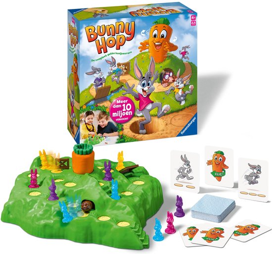 Bordspel Bunny Hop met spelbord, konijnen en kaarten. Een wortel met klok.