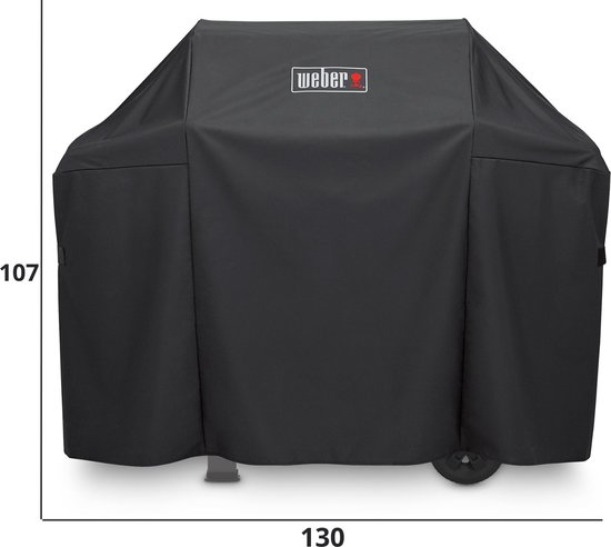 Zwarte Weber grillhoes met afmetingen 107x130.