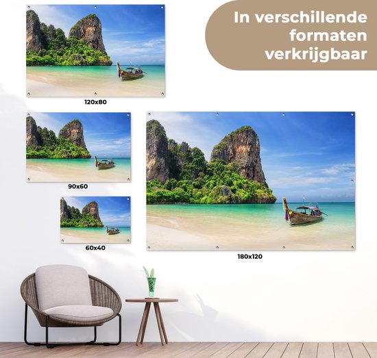 Tuinposter strand - Tuindecoratie boot - 120x80 cm - Poster voor in de tuin - Buiten decoratie - Schutting tuinschilderij Thailand - Tuindoek muurdecoratie - Wanddecoratie balkondoek