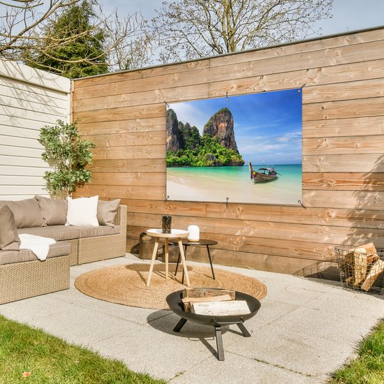 Tuinposter strand - Tuindecoratie boot - 120x80 cm - Poster voor in de tuin - Buiten decoratie - Schutting tuinschilderij Thailand - Tuindoek muurdecoratie - Wanddecoratie balkondoek