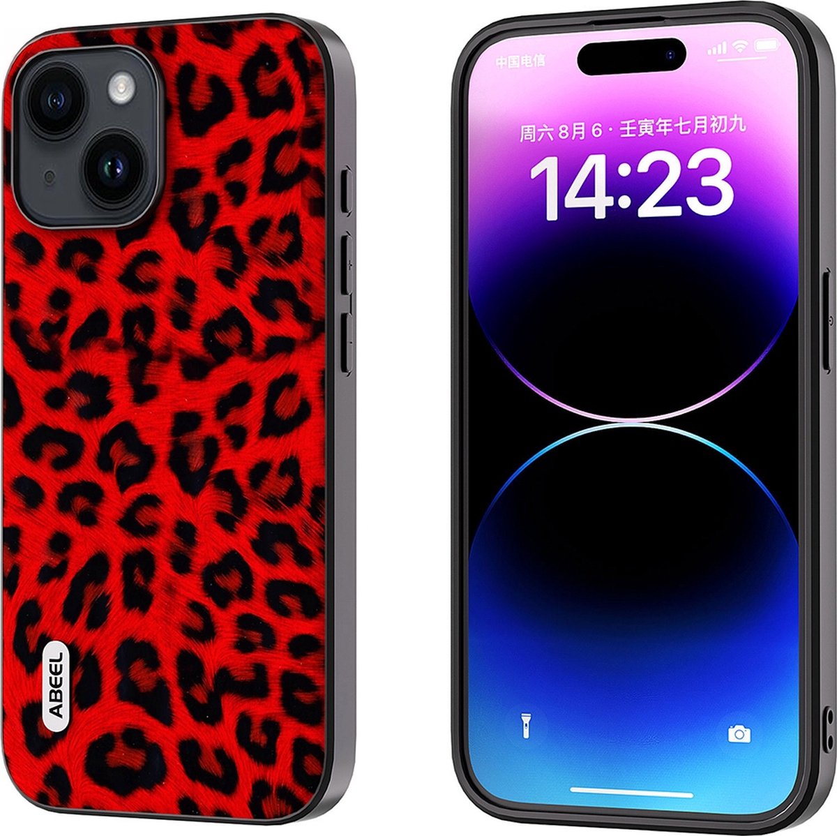 ABEEL TPU hoesje voor de iPhone 14 Plus met een Rode Luipaard print op achterzijde met zwarte randen