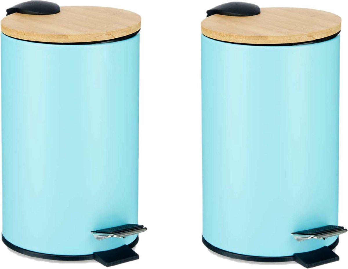 Goedkoopste Berilo Prullenbak/pedaalemmer - 2x - turquoise blauw - 3 liter - metaal/bamboe - 17 x 23,5 cm