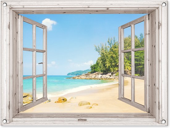 Tuinposter Doorkijk - Strand - Zand - 80x60 cm - Tuindoek - Buitenposter