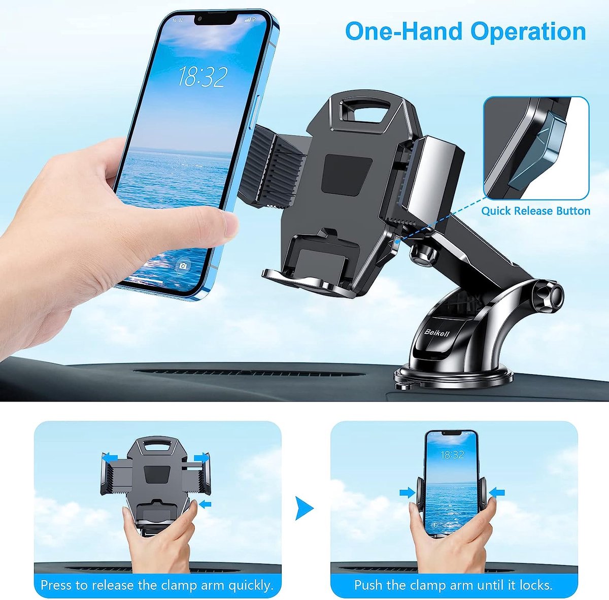 autotelefoonhouder 360° rotatie - Telefoonhouder voor auto met ontgrendeling met één knop en sterke kleverige gelpad voor mobiele telefoons van 4,7 tot 6,7 inch