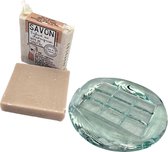 Zeephouder van glas met blok zeep Sandalwood 100gr - Natuurlijke ingrediënten - Zeephouder van gerecycled glas - Gebaseerd op essentiële oliën uit Grasse - Mondgeblazen zeephouder