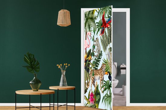 Sticker de porte Jungle - Animaux - Filles - Enfants - Garçons - Flamingo - Perroquet - 80x205 cm - Poster de porte