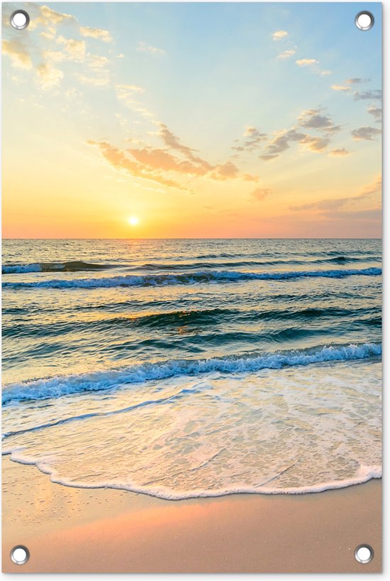 Tuinposter strand - Zee - Zonsondergang - Zomer - Avond - Tuindoek - Schutting decoratie - Tuinschilderij voor buiten - Schuttingdoek - Tuinposters buiten - 40x60 cm - Tuin - Tuindecoratie