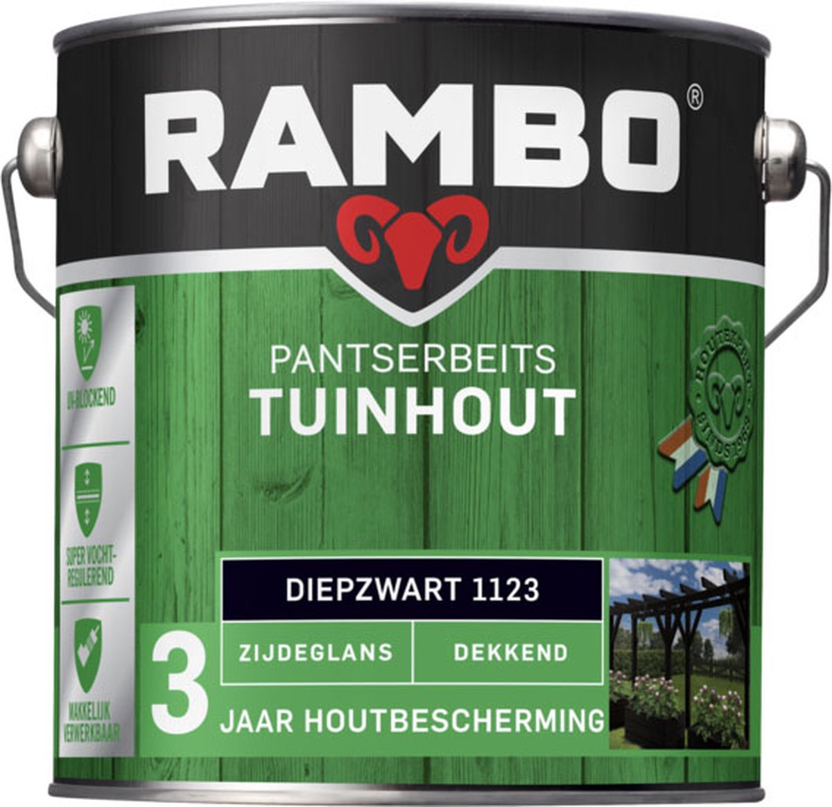 Rambo Pantserbeits Tuinhout Zijdeglans Dekkend - Gelijkmatig Vloeiend - Diepzwart - 2.5L - Rambo