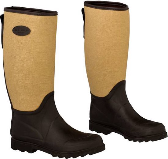 Bruine rubberen tuinlaarzen met beige canvas schacht en een label met logo.
