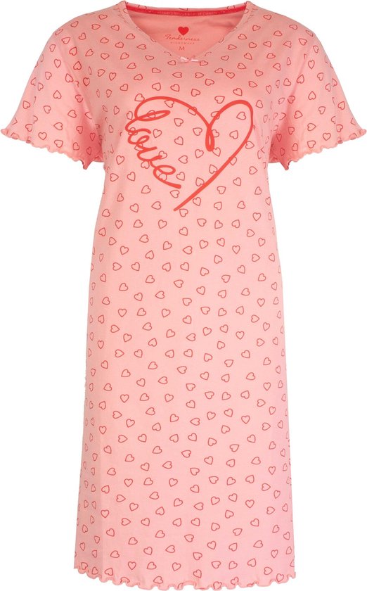 TENGD1305A Chemise de Nuit Femme - Robe de Nuit Tenderness - Imprimé Coeur - Manches Courtes, 100% Katoen Peigné - Rose - Tailles : XXL