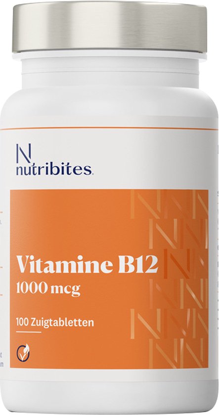 Fles Nutribites Vitamine B12 1000 mcg met 100 zuigtabletten. De fles is oranje met witte letters en een zilveren dop.