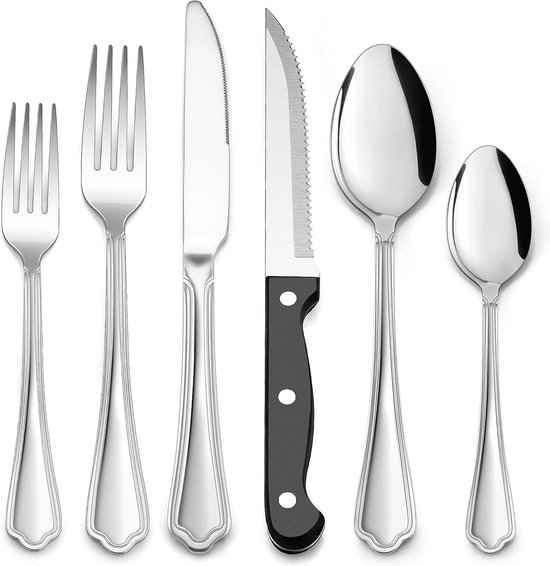 Ménagère pour 12 personnes, 72 pièces, en acier inoxydable, avec couteau à  steak, couteau, fourchette, cuillère, élégant pour restaurant/fête, passe  au lave-vaisselle : : Cuisine et Maison