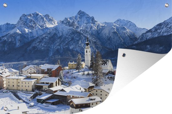 Tuindecoratie Dorp in Zwitserland tijdens de winter - 60x40 cm - Tuinposter - Tuindoek - Buitenposter