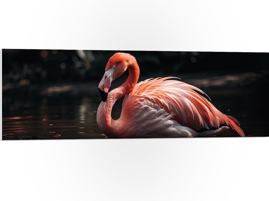 PVC Schuimplaat - Flamingo drijft over het water heen - 120x40 cm Foto op PVC Schuimplaat (Met Ophangsysteem)