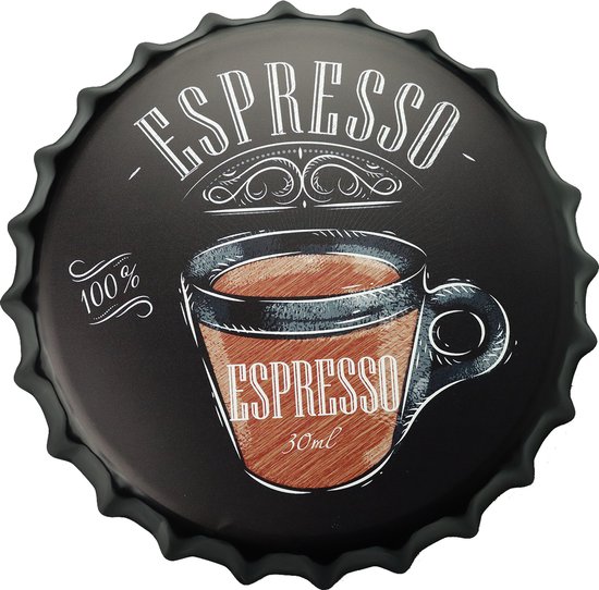 Wandbord – Espresso coffee - Metalen wandbord - Metalen decoratie - Metalen bord - Wandborden - Wandbord metaal - Wandbord rond - Coffee - Decoratie - Cave & Garden