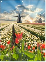 Tuinposter - Bloemen - Tulpen - Windmolen - Zon - Tuin - 90x120 cm - Tuindoek - Schuttingdoek - Tuinschilderij