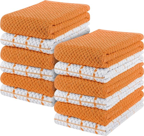 12 Keuken Handdoeken Set - 38 x 64 cm - 100% Ring Gesponnen Katoenen Superzacht en Absorberend Schotelantennes, Theedoeken en Barkrukken Handdoeken (Oranje en Wit)