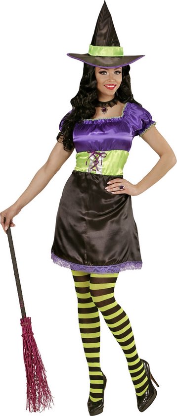Widmann - Heks & Spider Lady & Voodoo & Duistere Religie Kostuum - Funky Heks - Vrouw - Groen, Paars - Small - Halloween - Verkleedkleding