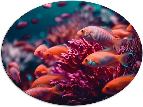 Dibond Ovaal - Groep oranje vissen zwemmen door een roze koraal heen - 80x60 cm Foto op Ovaal (Met Ophangsysteem)