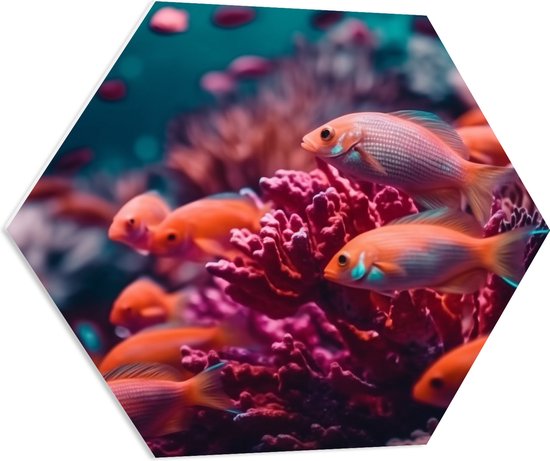 PVC Schuimplaat Hexagon - Groep oranje vissen zwemmen door een roze koraal heen - 80x69.6 cm Foto op Hexagon (Met Ophangsysteem)