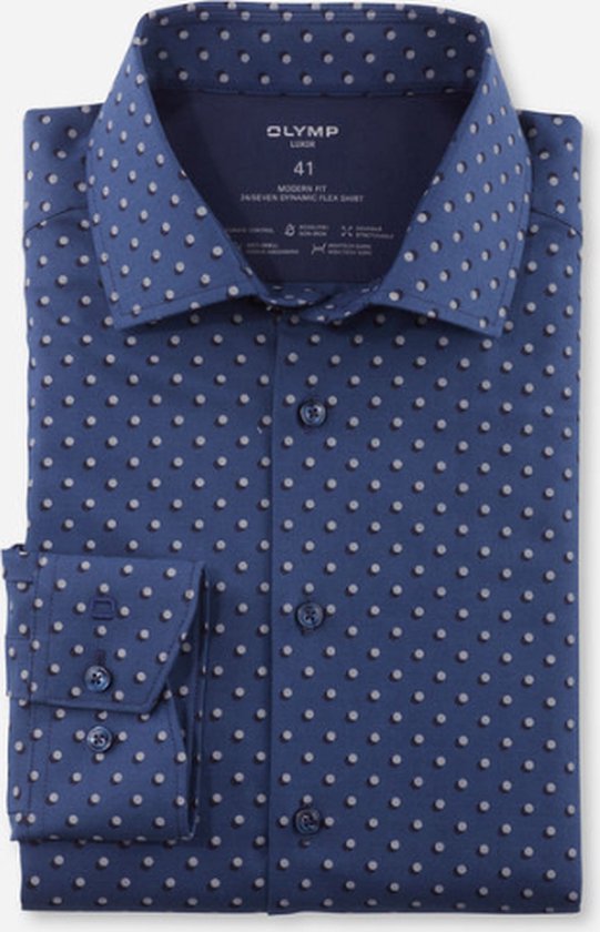 OLYMP 24/7 modern fit overhemd - twill - blauw met beige gestipt - Strijkvriendelijk - Boordmaat: 39